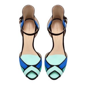 Zara ⌘ Strappy Colorblock Peep Toe Stiletto Sandals Shoes ⌘ Blue + Green Suede ⌘